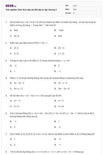 Trắc nghiệm Toán 9(có đáp án) Bài tập ôn tập chương 2