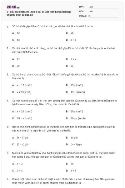 21 câu Trắc nghiệm Toán 8 Bài 6: Giải toán bằng cách lập phương trình có đáp án