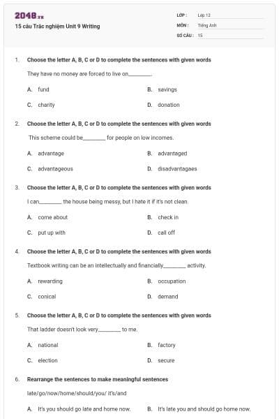15 câu  Trắc nghiệm Unit 9 Writing