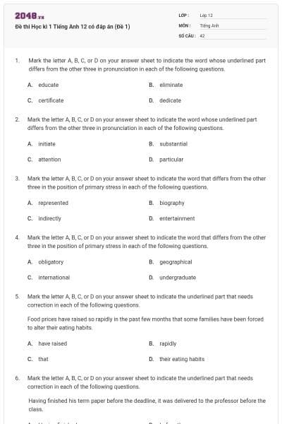 Đề thi Học kì 1 Tiếng Anh 12 có đáp án (Đề 1)