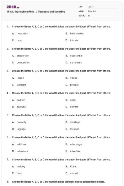 15 câu Trắc nghiệm Unit 10 Phonetics and Speaking