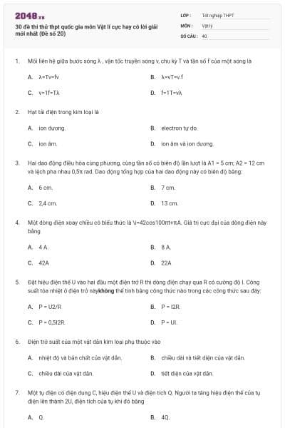 30 đề thi thử thpt quốc gia môn Vật lí cực hay có lời giải mới nhất (Đề số 20)