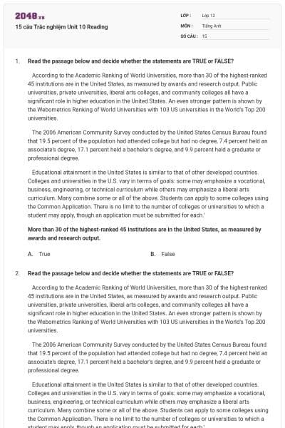 15 câu Trắc nghiệm Unit 10 Reading