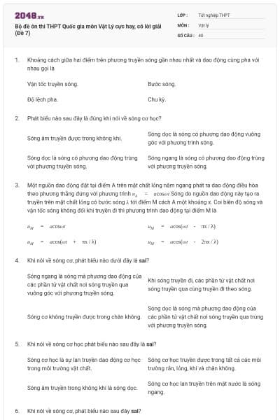 Bộ đề ôn thi THPT Quốc gia môn Vật Lý cực hay, có lời giải (Đề 7)