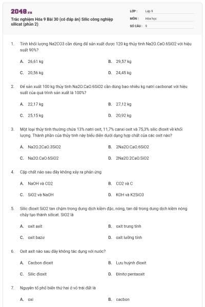 Trắc nghiệm Hóa 9 Bài 30 (có đáp án) Silic công nghiệp silicat (phần 2)