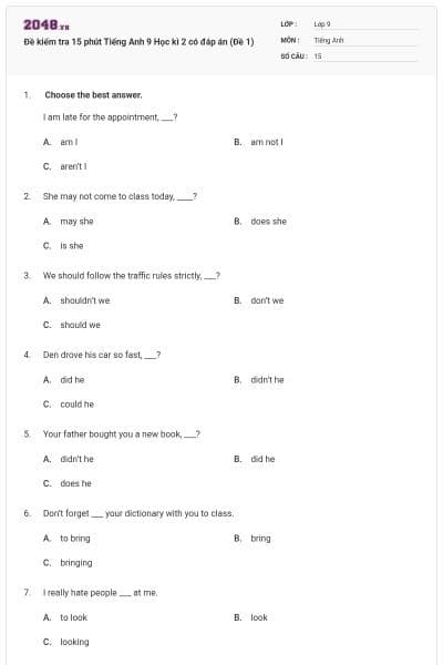 Đề kiểm tra 15 phút Tiếng Anh 9 Học kì 2 có đáp án (Đề 1)