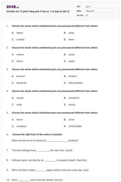Đề kiểm tra 15 phút Tiếng Anh 9 Học kì 1 có đáp án (Đề 3)