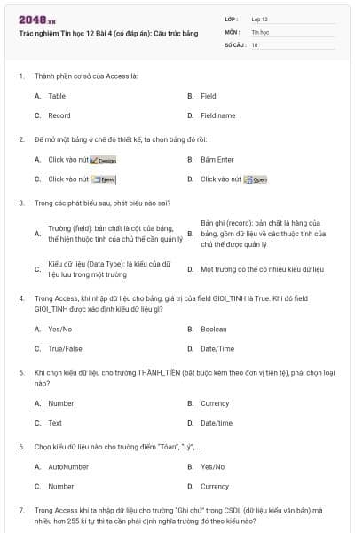 Trắc nghiệm Tin học 12 Bài 4 (có đáp án): Cấu trúc bảng
