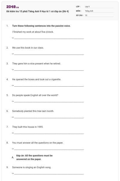 Đề kiểm tra 15 phút Tiếng Anh 9 Học kì 1 có đáp án (Đề 4)