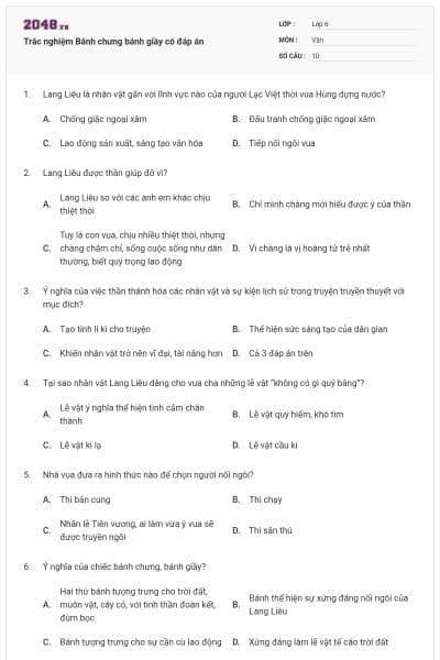 Trắc nghiệm Bánh chưng bánh giầy có đáp án