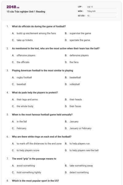 15 câu  Trắc nghiệm Unit 1 Reading