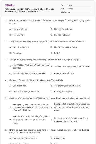 Trắc nghiệm Lịch Sử 9 Bài 16 (có đáp án) Hoạt động của Nguyễn Ái Quốc ở nước ngoài (Phần 2)