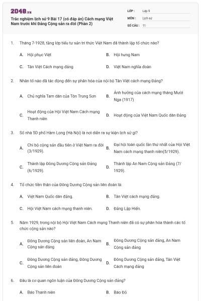 Trắc nghiệm lịch sử 9 Bài 17 (có đáp án) Cách mạng Việt Nam trước khi Đảng Cộng sản ra đời (Phần 2)