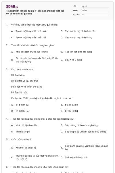 Trắc nghiệm Tin học 12 Bài 11 (có đáp án): Các thao tác với cơ sở dữ liệu quan hệ