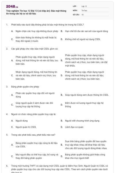 Trắc nghiệm Tin học 12 Bài 13 (có đáp án): Bảo mật thông tin trong các hệ cơ sở dữ liệu