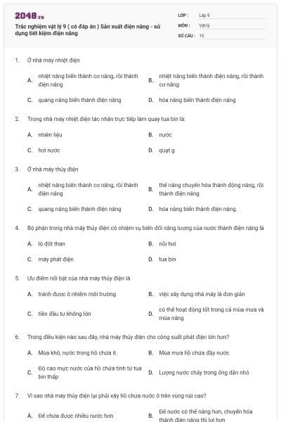 Trắc nghiệm vật lý 9 ( có đáp án ) Sản xuất điện năng - sử dụng tiết kiệm điện năng