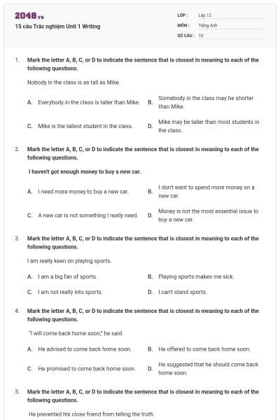 15 câu  Trắc nghiệm Unit 1 Writing