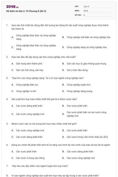Đề kiểm tra Địa Lí 10 Chương 8 (Đề 3)