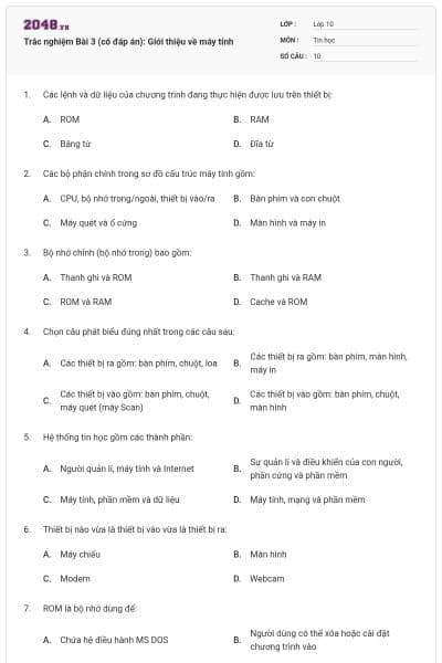 Trắc nghiệm Bài 3 (có đáp án): Giới thiệu về máy tính