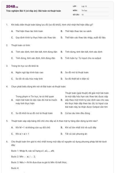 Trắc nghiệm Bài 4 (có đáp án): Bài toán và thuật toán