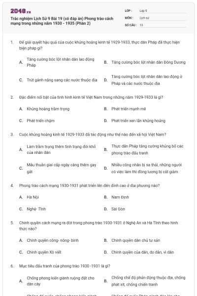 Trắc nghiệm Lịch Sử 9 Bài 19 (có đáp án) Phong trào cách mạng trong những năm 1930 - 1935 (Phần 2)