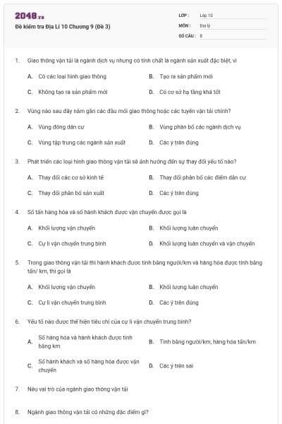 Đề kiểm tra Địa Lí 10 Chương 9 (Đề 3)