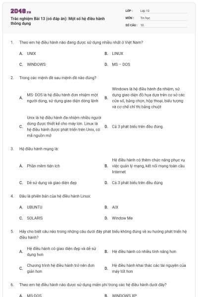 Trắc nghiệm Bài 13 (có đáp án): Một số hệ điều hành thông dụng