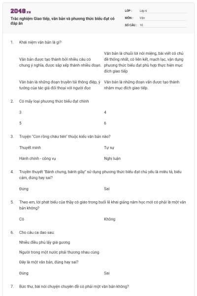 Trắc nghiệm Giao tiếp, văn bản và phương thức biểu đạt có đáp án