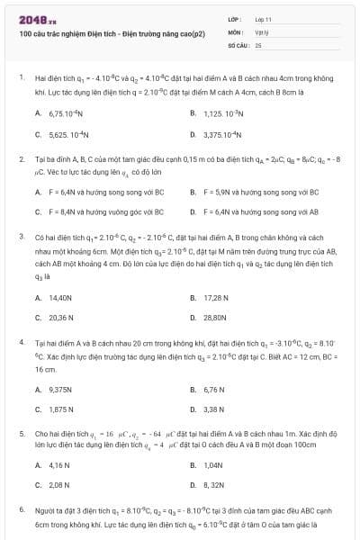 100 câu trắc nghiệm Điện tích - Điện trường nâng cao(p2)