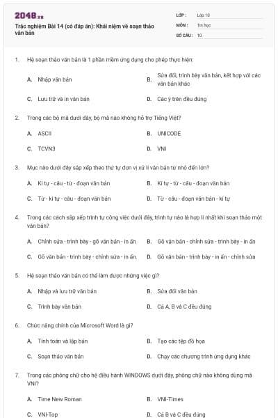 Trắc nghiệm Bài 14 (có đáp án): Khái niệm về soạn thảo văn bản