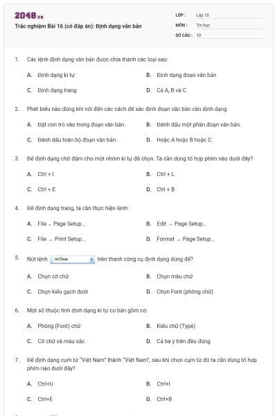 Trắc nghiệm Bài 16 (có đáp án): Định dạng văn bản