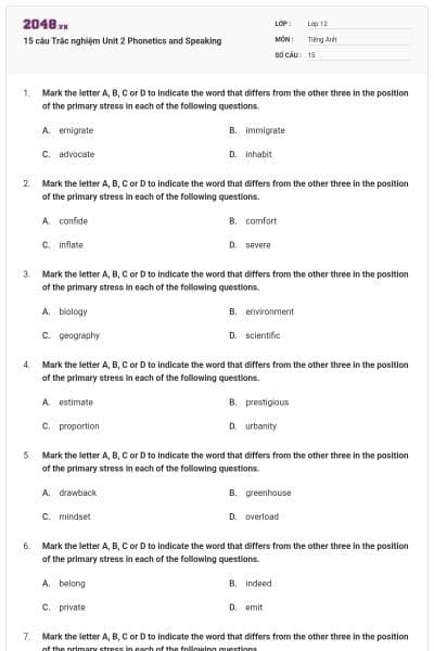 15 câu  Trắc nghiệm Unit 2 Phonetics and Speaking