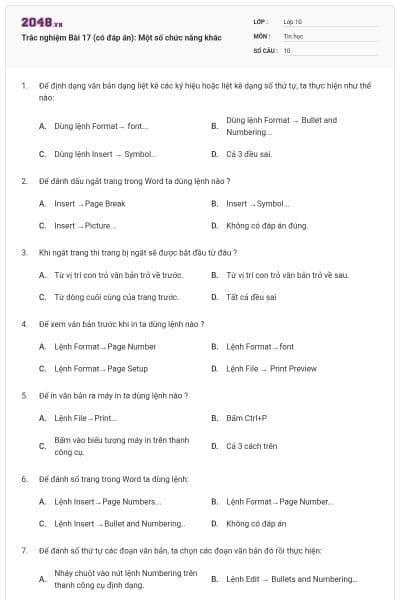 Trắc nghiệm Bài 17 (có đáp án): Một số chức năng khác