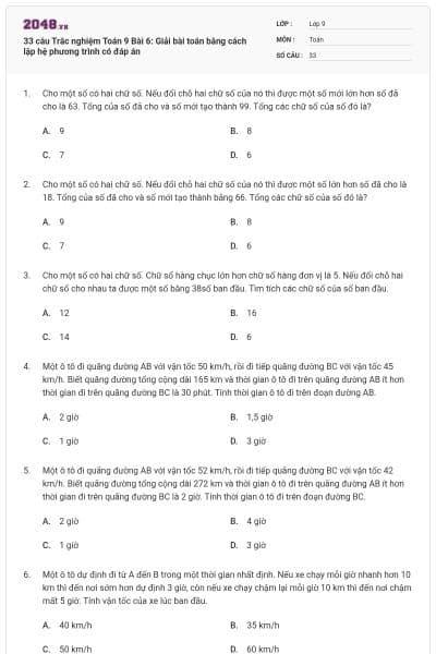 33 câu Trắc nghiệm Toán 9 Bài 6: Giải bài toán bằng cách lập hệ phương trình có đáp án