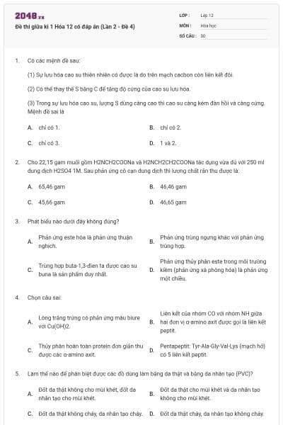 Đề thi giữa kì 1 Hóa 12 có đáp án (Lần 2 - Đề 4)