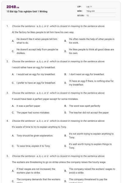 15 Bài tập Trắc nghiệm Unit 1 Writing