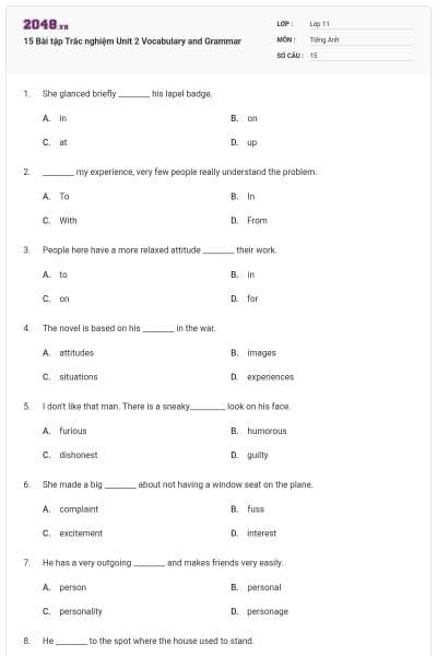 15 Bài tập Trắc nghiệm Unit 2 Vocabulary and Grammar