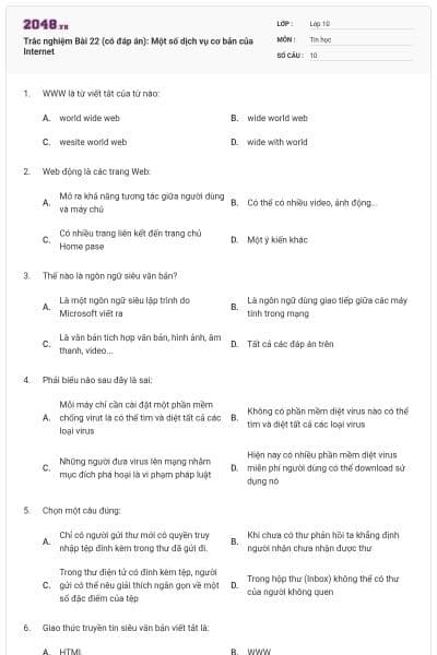 Trắc nghiệm Bài 22 (có đáp án): Một số dịch vụ cơ bản của Internet