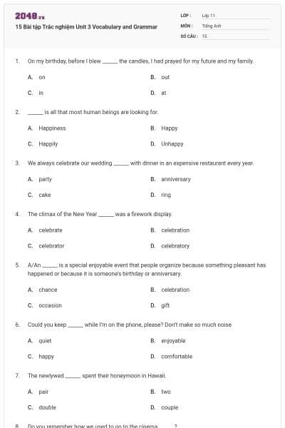 15 Bài tập Trắc nghiệm Unit 3 Vocabulary and Grammar