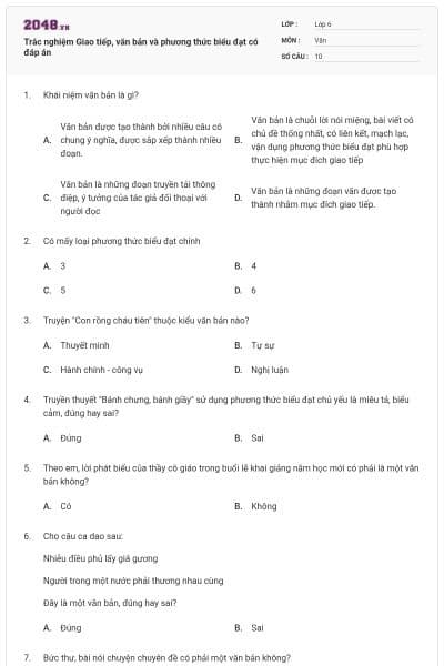 Trắc nghiệm Giao tiếp, văn bản và phương thức biểu đạt có đáp án