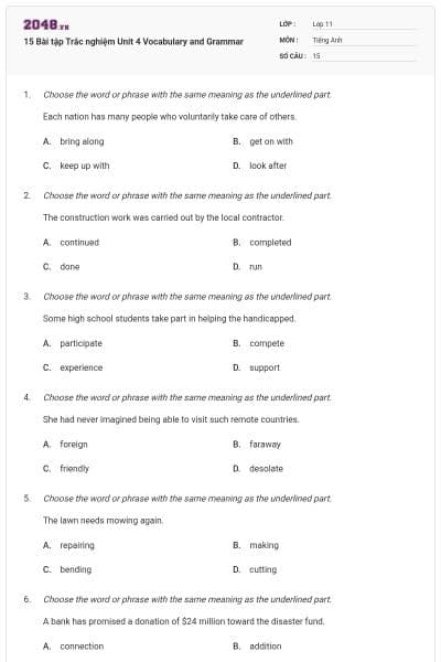 15 Bài tập Trắc nghiệm Unit 4 Vocabulary and Grammar