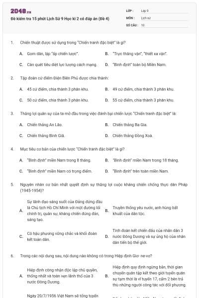 Đề kiểm tra 15 phút Lịch Sử 9 Học kì 2 có đáp án (Đề 4)