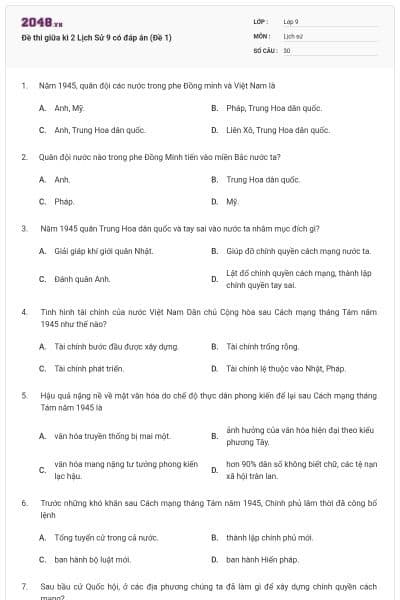 Đề thi giữa kì 2 Lịch Sử 9 có đáp án (Đề 1)