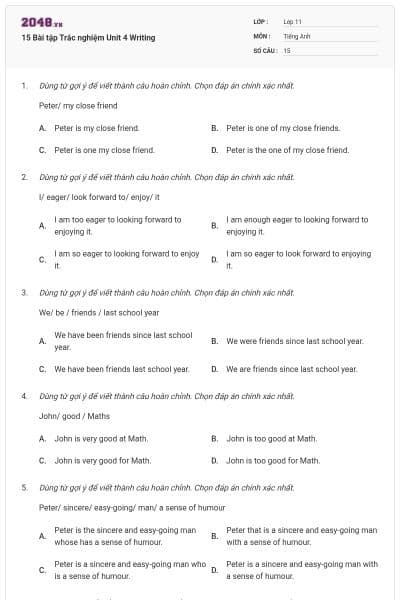15 Bài tập Trắc nghiệm Unit 4 Writing