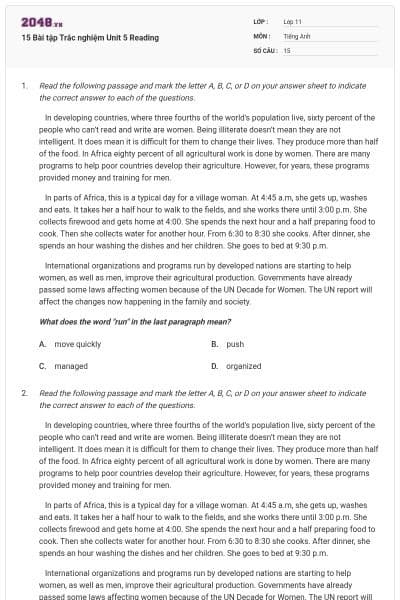 15 Bài tập Trắc nghiệm Unit 5 Reading