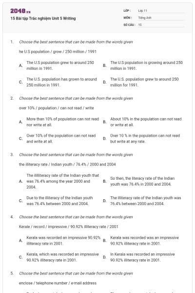 15 Bài tập Trắc nghiệm Unit 5 Writing