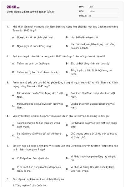 Đề thi giữa kì 2 Lịch Sử 9 có đáp án (Đề 3)