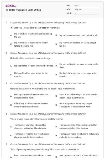 15 Bài tập Trắc nghiệm Unit 6 Writing