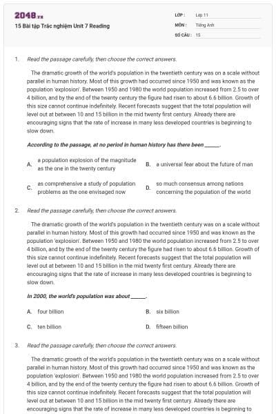 15 Bài tập Trắc nghiệm Unit 7 Reading
