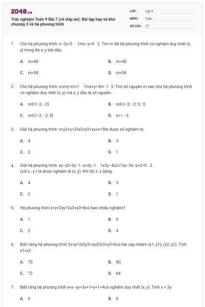 Trắc nghiệm Toán 9 Bài 7 (có đáp án): Bài tập hay và khó chương 3 về hệ phương trình